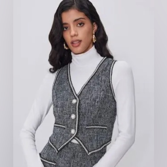 Cider Tops - CIDER Tweed V Neck Crop Vest Black White Women’s 2XL Academia Preppy